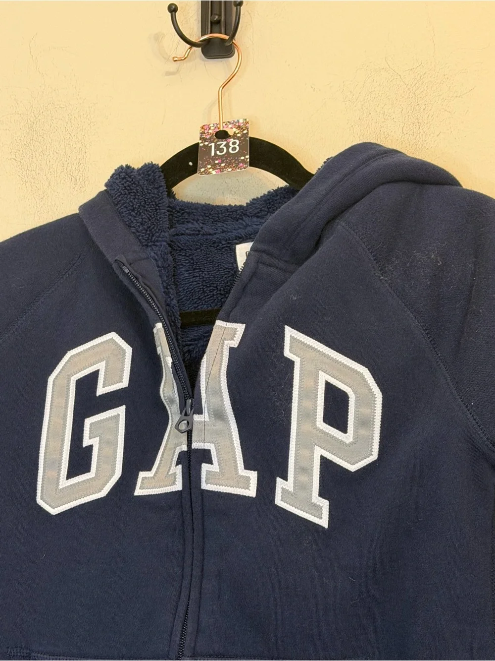 GAP Kids boys L Navy Sherpa Lined Full Zip Logo Hoodie Jacket
